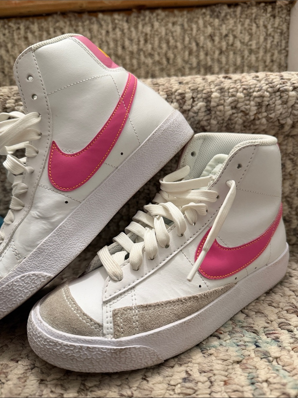 Nike Kids White High-Top Sneakers with Pink Swoosh Accent